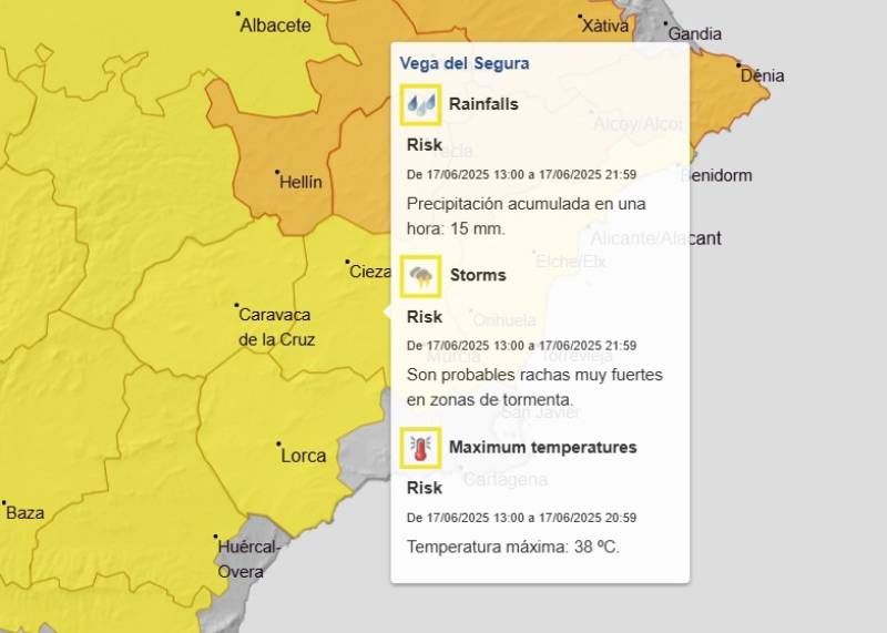 Murcia weather warnings for rainstorms and high temperatures this Tuesday and Wednesday